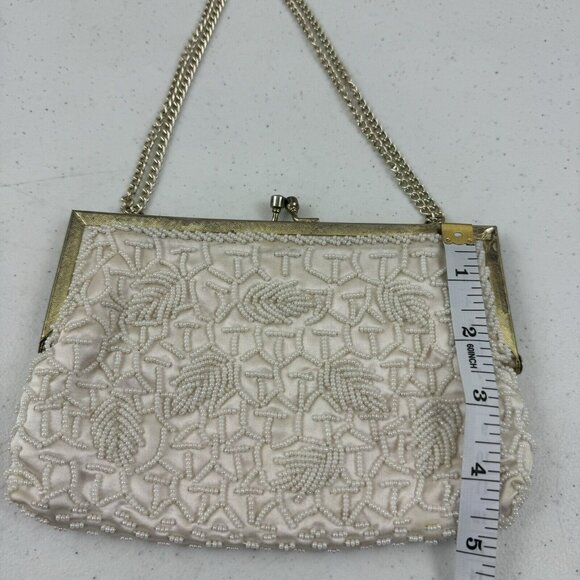 Vtg Mister Ernest Handbag Purse Clutch White Beaded Gold Clasp Gold Chain Prom - Picture 12 of 16